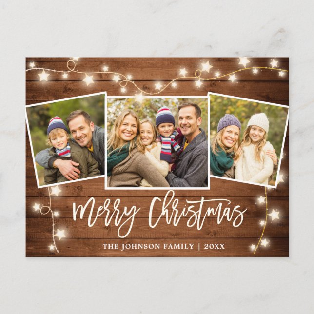 Modern Christmas Rustic  3 PHOTO Greeting Holiday Postcard (Front)