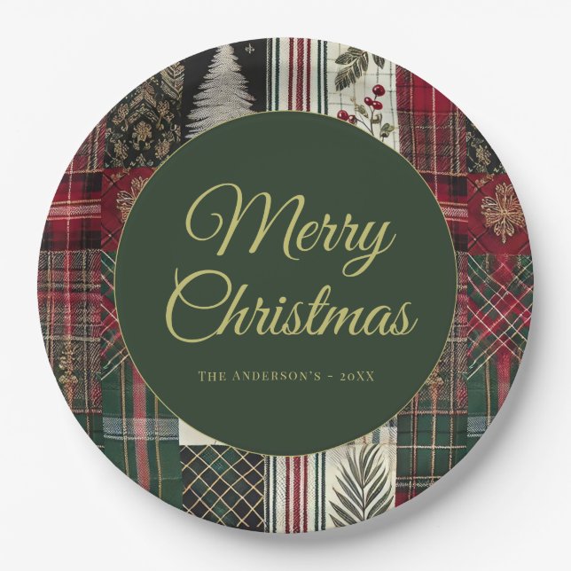 Modern Christmas Rustic Plaid Pattern Paper Plates (Front)