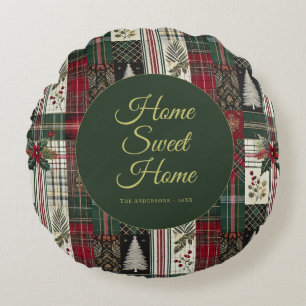 Modern Christmas Rustic Tartan Plaid  Round Pillow