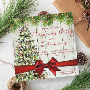 MODERN Christmas Rustic Tree, Lights & Red Ribbon Invitation
