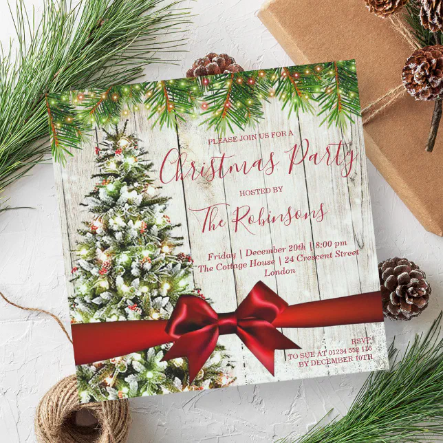 MODERN Christmas Rustic Tree, Lights & Red Ribbon Invitation | Zazzle