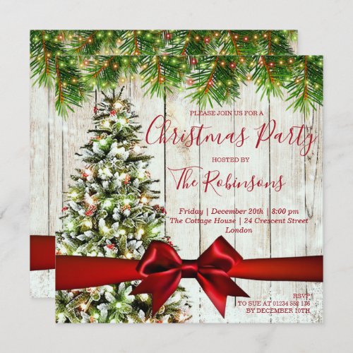 MODERN Christmas Rustic Tree Lights  Red Ribbon Invitation