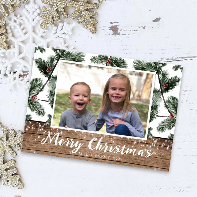 Modern Christmas rustic wood photo holiday card | Zazzle