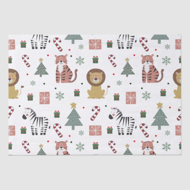 Modern Christmas Safari Animals Tiger Lion Zebra   Tissue Paper (Front)