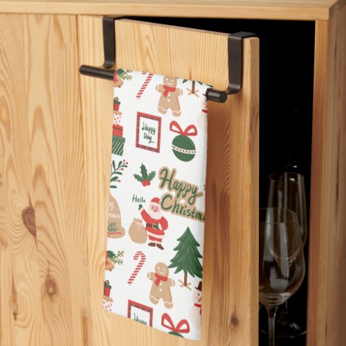 Modern Christmas Santa and Gingerbread Pattern Kitchen Towel