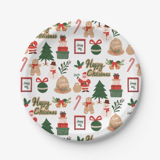 Modern Christmas Santa and Gingerbread Pattern Paper Plates (Front)