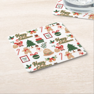 Modern Christmas Santa and Gingerbread Pattern Square Paper Coaster