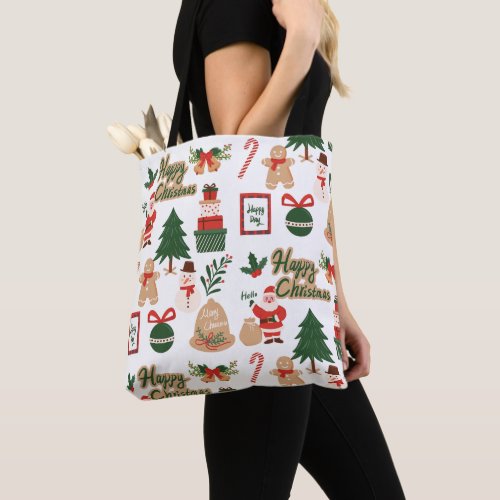 Modern Christmas Santa and Gingerbread Pattern Tote Bag