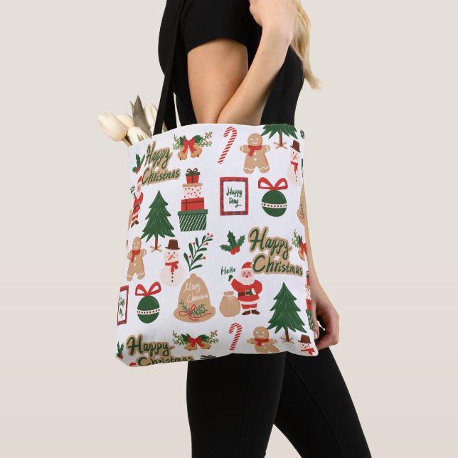 Modern Christmas Santa and Gingerbread Pattern Tote Bag (Close Up)