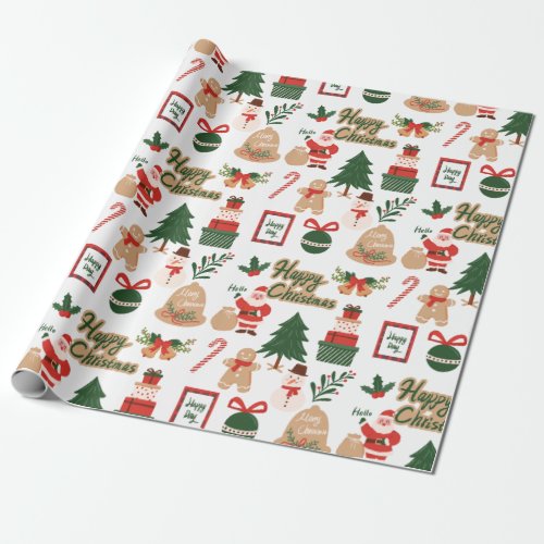 Modern Christmas Santa and Gingerbread Pattern Wrapping Paper