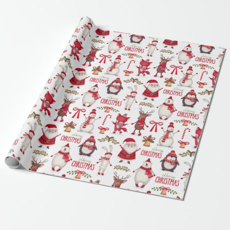 Modern Christmas Santas, Penguins & Polar Bears Wrapping Paper