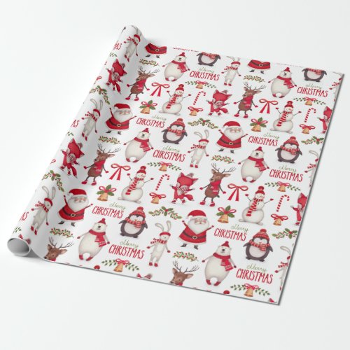 Modern Christmas Santas Penguins  Polar Bears Wrapping Paper