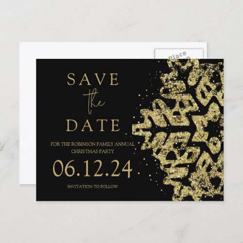 Modern Christmas Save The Date Gold Glitter Black Announcement Postcard