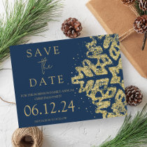 Modern Christmas Save The Date Gold Glitter Navy  Announcement Postcard