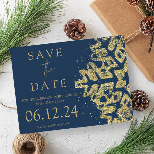 Modern Christmas Save The Date Gold Glitter Navy Announcement Postcard