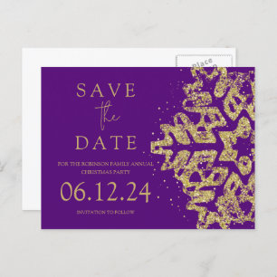 Modern Christmas Save The Date Gold Glitter Purple Announcement Postcard