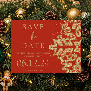 Modern Christmas Save The Date Gold Glitter Red Announcement Postcard