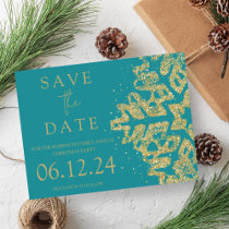 Modern Christmas Save The Date Gold Glitter Teal  Announcement Postcard