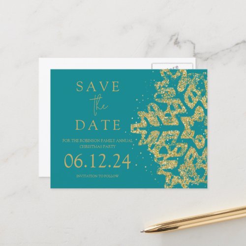 Modern Christmas Save The Date Gold Glitter Teal  Announcement Postcard