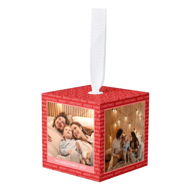 Modern Christmas Script 4 Family Photos Collage Cube Ornament (Front Angled)