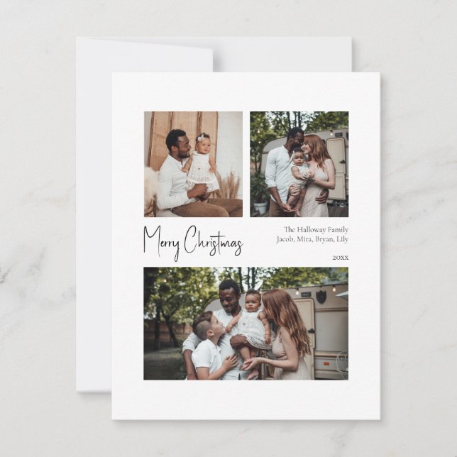 Modern Christmas Script Centered Three-Photo Holiday Card (Front)