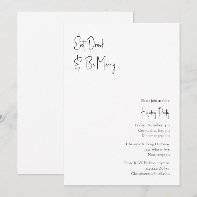 Modern Christmas Script Eat Drink And Be Merry Invitation (Front/Back)