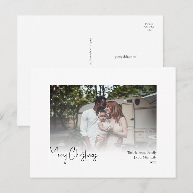 Modern Christmas Script Faded Photo Holiday Postca Postcard (Front/Back)