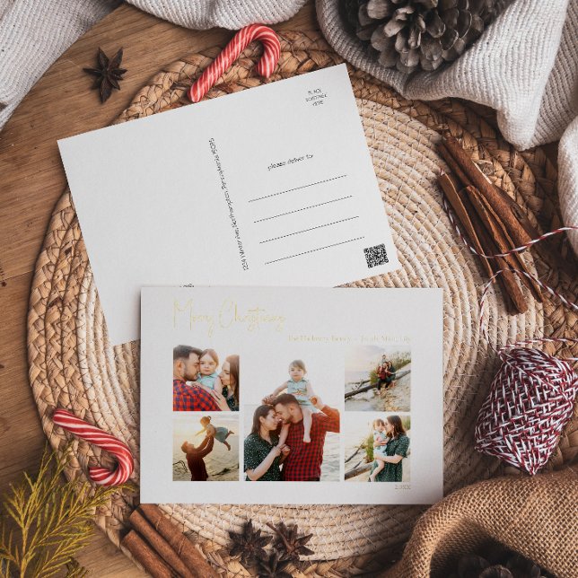 Modern Christmas Script Five Photo Gold Foil Holid Holiday Postcard (Creator Uploaded)