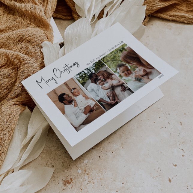 Modern Christmas Script Folded Three-Photo Holiday Card (Creator Uploaded)