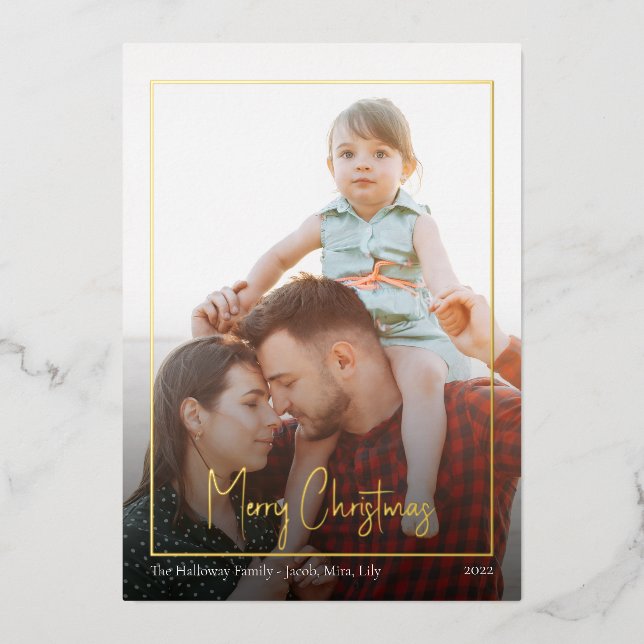 Modern Christmas Script | Framed photo Gold Foil Holiday Card (Front)