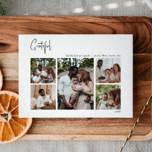 Modern Christmas Script Grateful Five-Photo Holiday Card