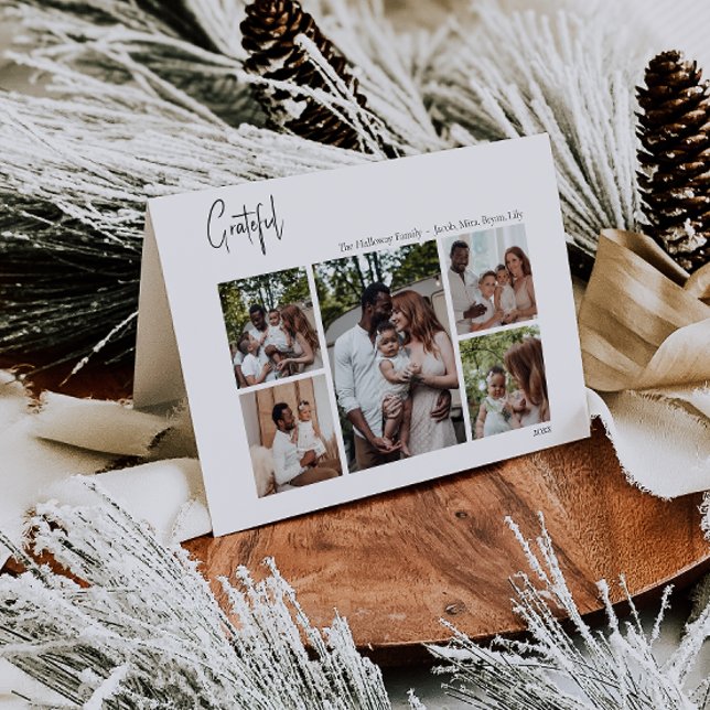 Modern Christmas Script Grateful Folded Five-Photo Holiday Card (Creator Uploaded)