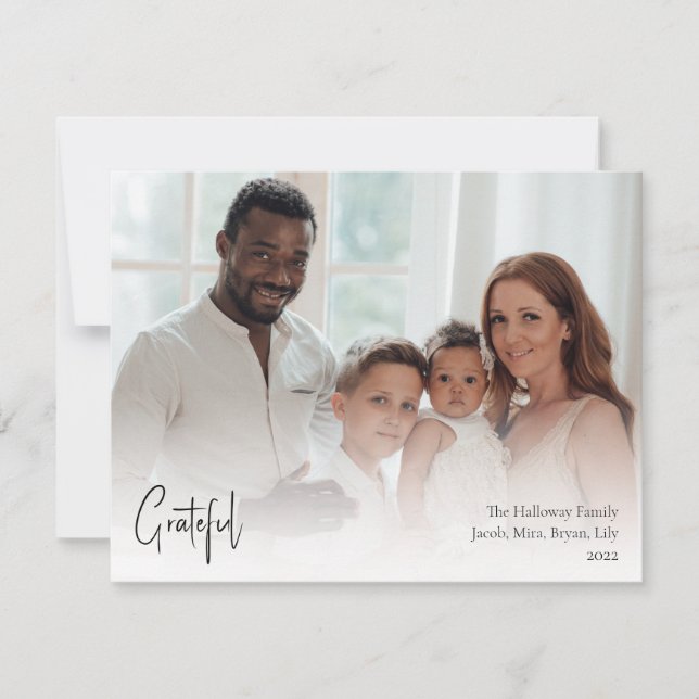 Modern Christmas Script Grateful Full Photo Holiday Card (Front)