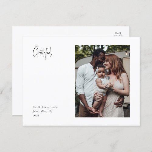 Modern Christmas Script Grateful Single photo Holiday Postcard