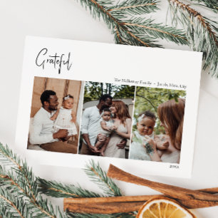 Modern Christmas Script Grateful Three-Photo Holiday Card