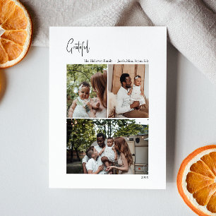 Modern Christmas Script Grateful Vertical 3 Photo Holiday Card