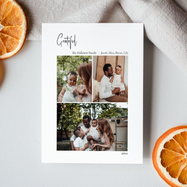 Modern Christmas Script Grateful Vertical 3 Photo Holiday Card (Creator Uploaded)