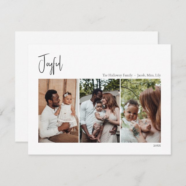 Modern Christmas Script Joyful Three-Photo Holiday Card (Front/Back)