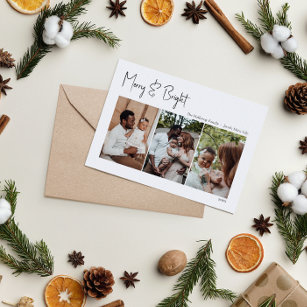 Modern Christmas Script Merry & Bright Three-Photo Holiday Card