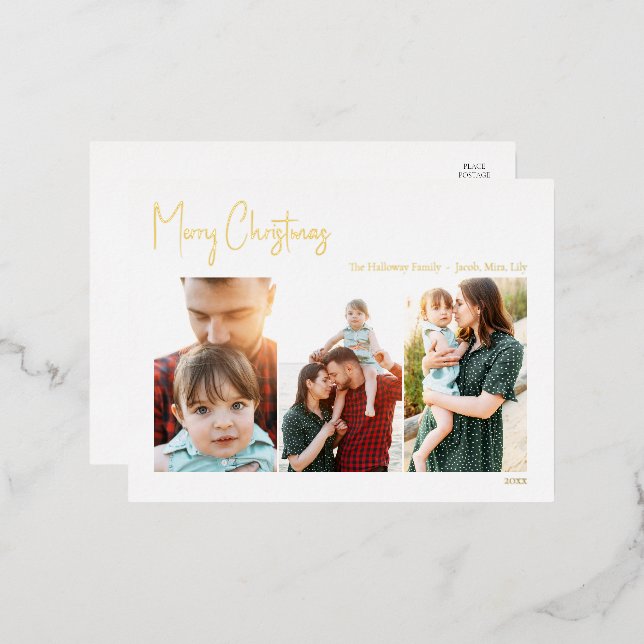 Modern Christmas Script Three Photo | Gold Foil Ho Foil Holiday Postcard (Front/Back)