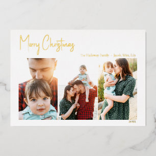 Modern Christmas Script Three Photo   Gold Foil Ho Holiday Card