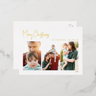 Modern Christmas Script Three Photo   Gold Foil Ho Holiday Postcard