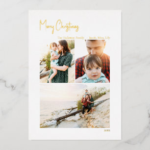 Modern Christmas Script Vertical 3 Photo Gold Fo Foil Holiday Card