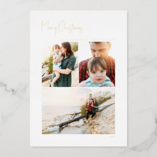 Modern Christmas Script Vertical 3 Photo  Gold Fo Foil Holiday Card