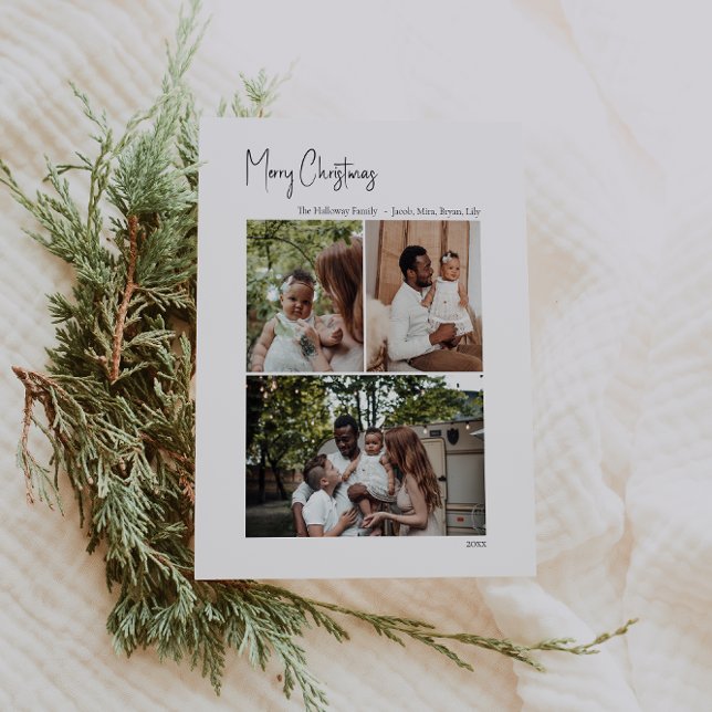 Modern Christmas Script Vertical 3 Photo Holiday Card (Creator Uploaded)