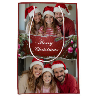 Modern Christmas Script with Family Photo Medium Gift Bag