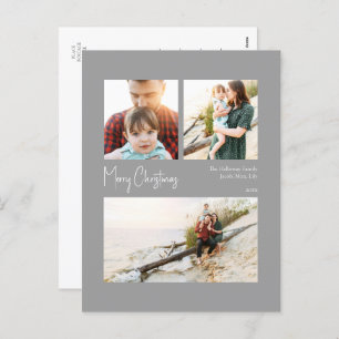 Modern Christmas Silver Centered Three-Photo Holiday Postcard
