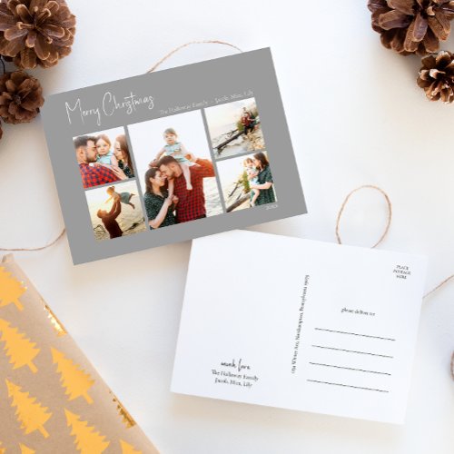 Modern Christmas  Silver Script Five_Photo Holiday Postcard