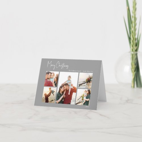 Modern Christmas  Silver Script Folded Five_Photo Holiday Card