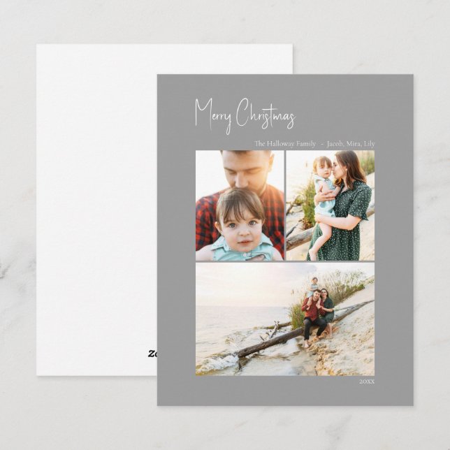 Modern Christmas | Silver Vertical 3 Phot Holiday Card (Front/Back)